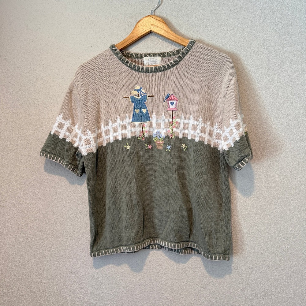 Christopher & Banks Hand Embroidered Garden Cat Short Sleeve Sweater Green Tan M